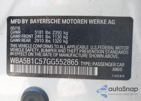 2016 BMW 535I z USA, uszkodzony, nr VIN WBA5B1C57GG552865